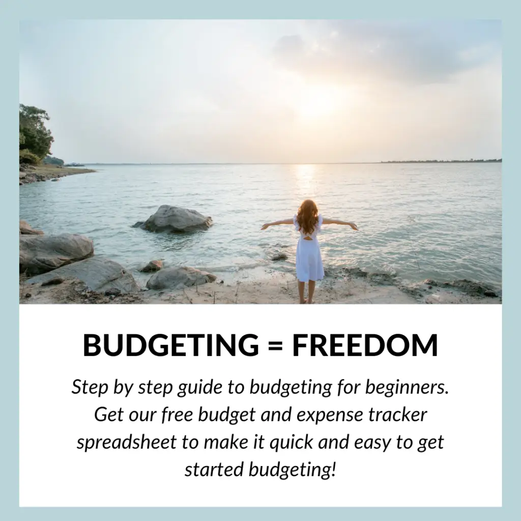 Image of a woman with arms outstretched at the shore. Budgeting = Freedom: Step by step guide to budgeting for beginners. Get free budget and expense tracker spreadsheet to make it quick and easy to get started budgeting.
