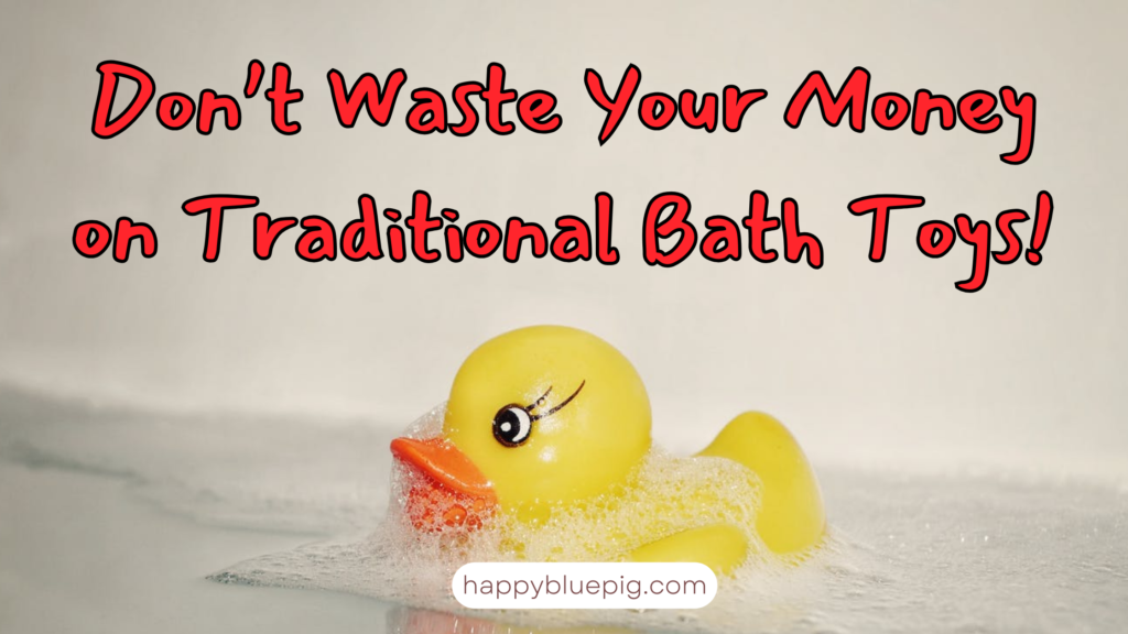 Don't Waste Your Money on Traditional Bath Toys! Image of yellow Rubber duck floating in tub